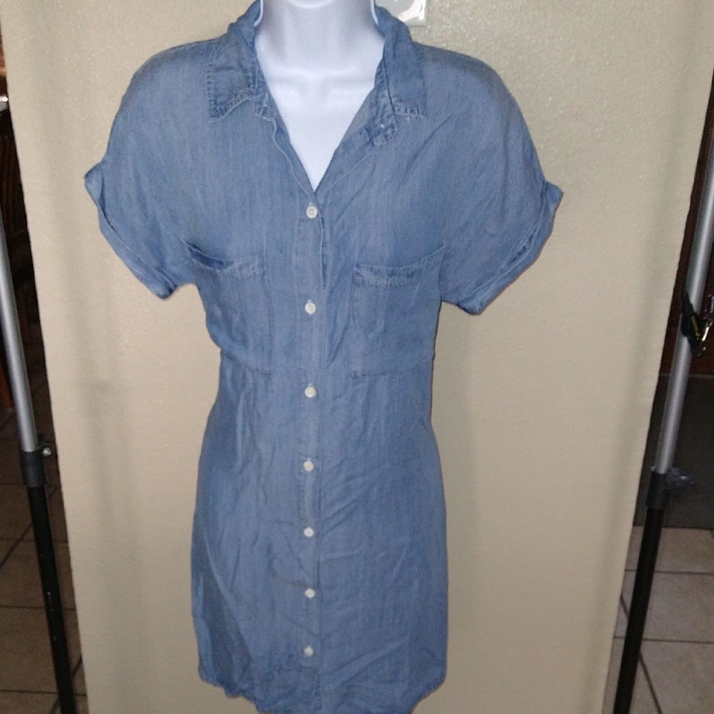Blue Cuffed Sleeve Button Down Shirt Dress